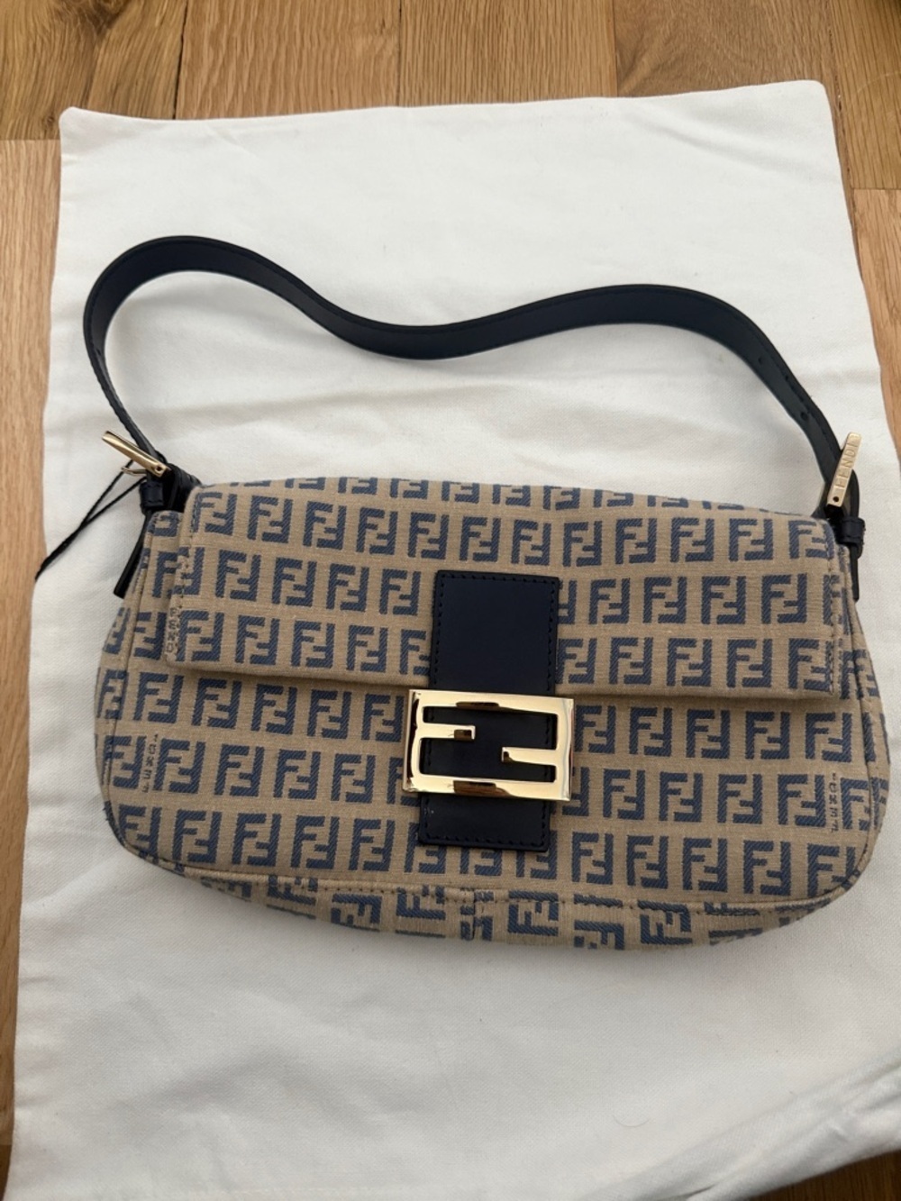 Fendi Saddle Bag Tan Blue Canvas Gold Buckle